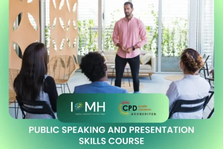 Man leading seminar in bright room; banner promotes CPD-accredited public speaking and presentation skills training.