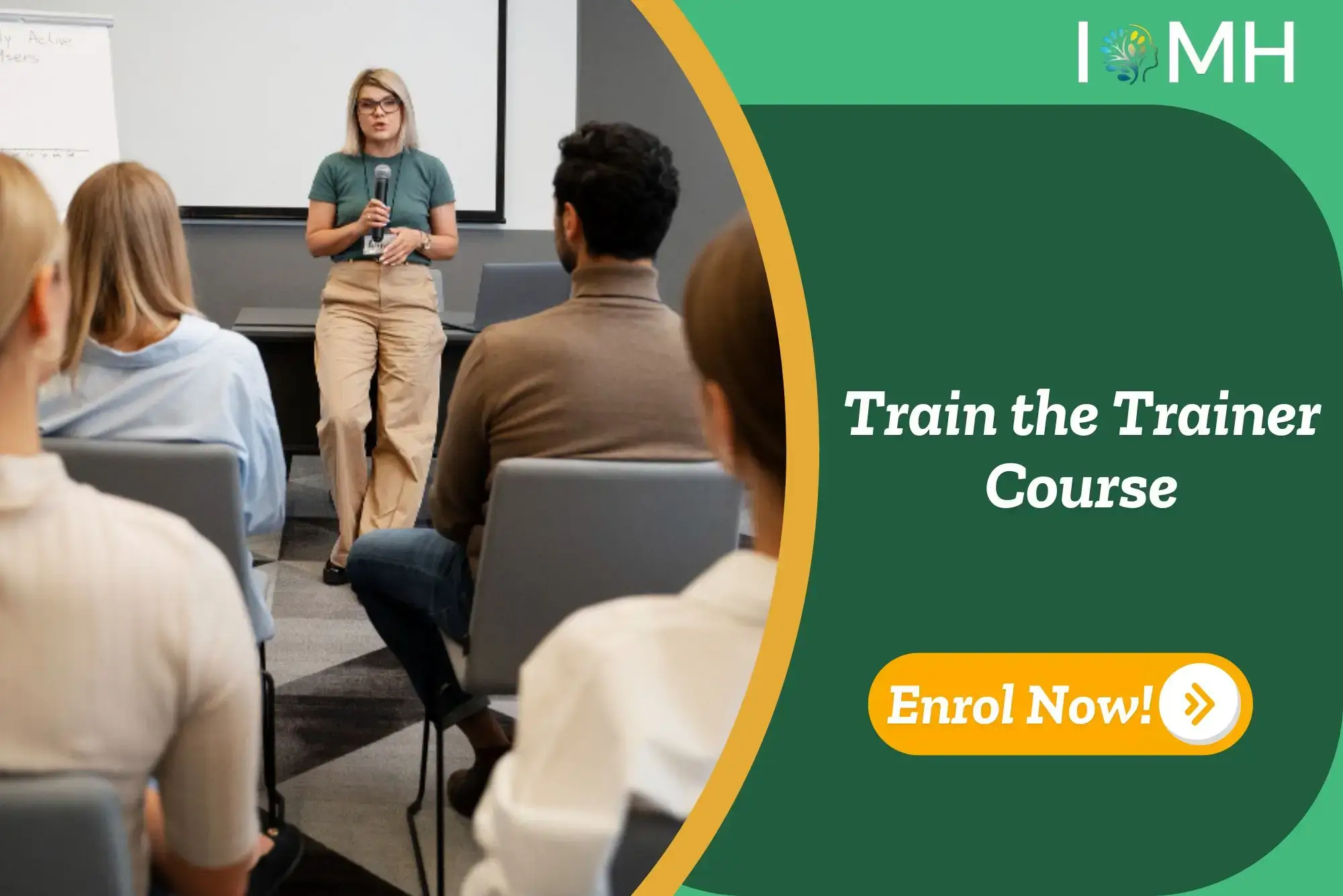 Professional trainer leads classroom session with microphone and visual aids; promotional banner highlights UK-based Train the Trainer Course.