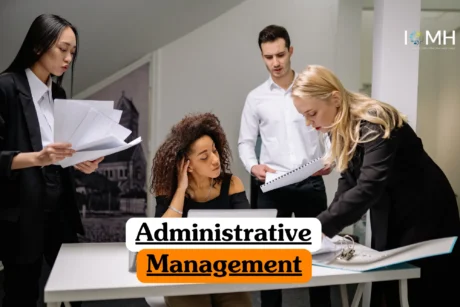 Theoretical business operations and executive leadership training banner featuring a confident male professional in a modern office, leaning against a desk with a laptop and documents.