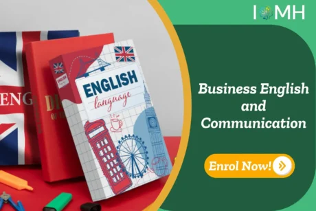 British-themed English books and banner promoting IOMH Business English and Communication course.