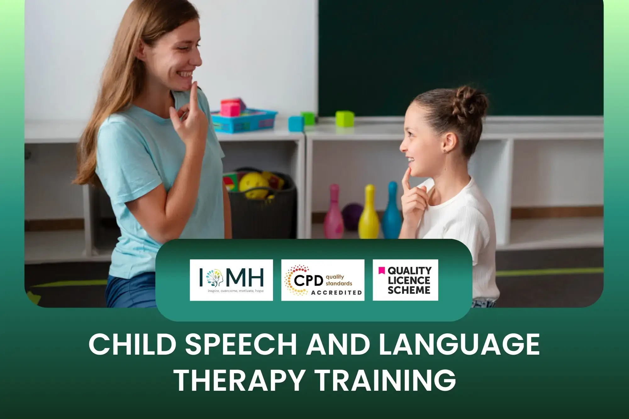 Child Speech and Language Therapy Training with therapist guiding child through articulation exercises in classroom setting.