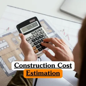 Construction Cost Estimation course banner with professional using calculator on architectural blueprints with laptop and technical drawings.