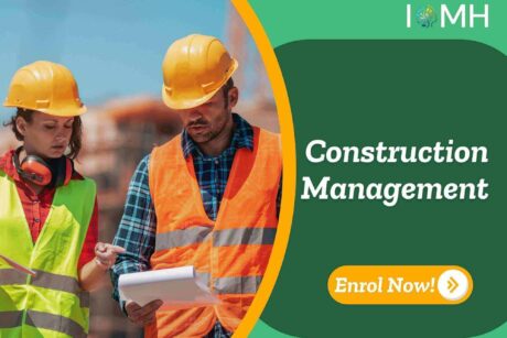 Construction site team discussing project plans; promotional banner highlights UK-based Construction Management training.