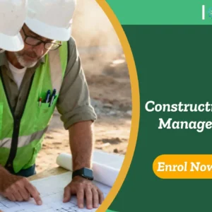 Construction workers reviewing site plans; banner promotes IOMH Construction Site Management course.
