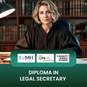 Diploma in Legal Secretary training with professional in judicial robe seated in law library setting.