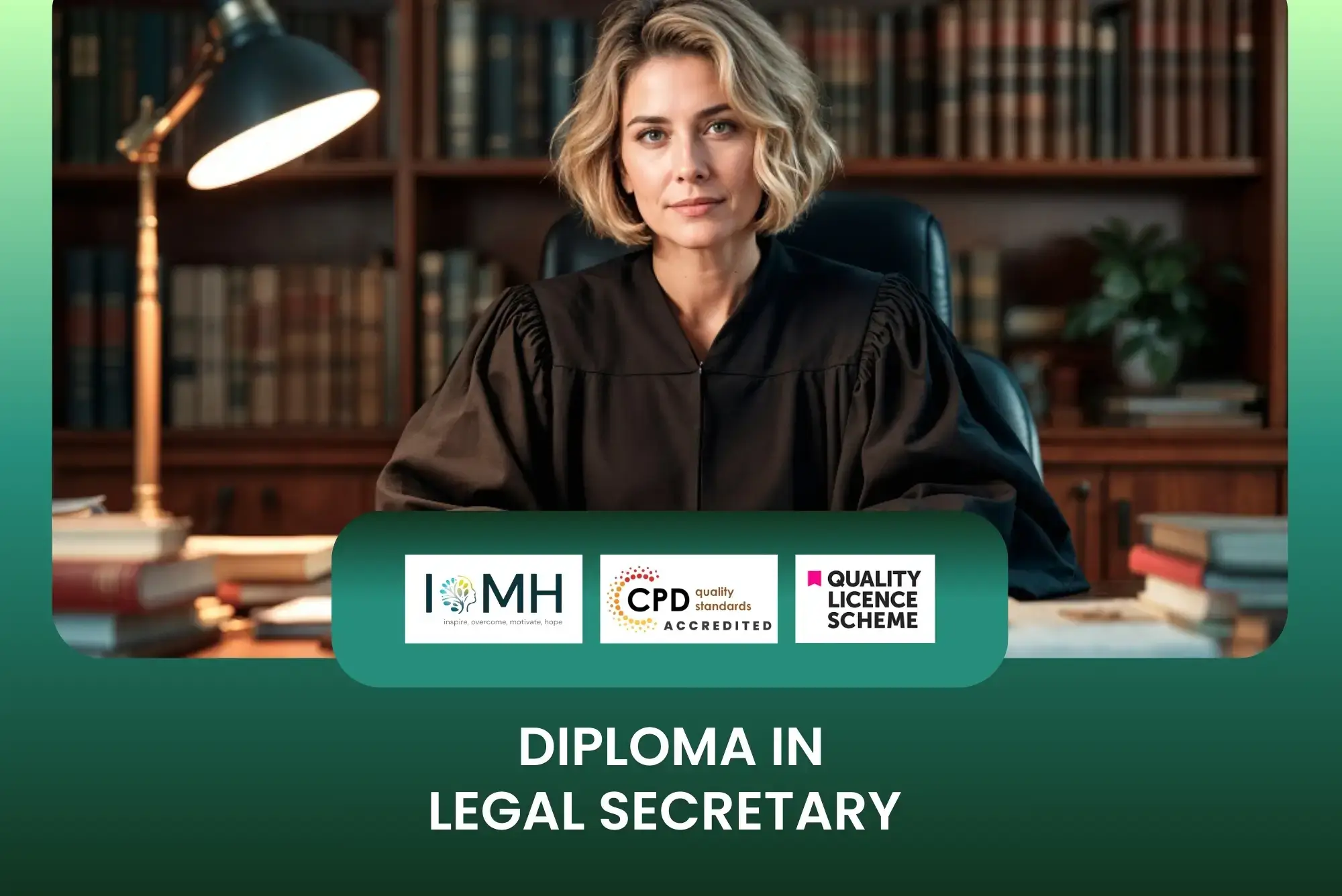 Diploma in Legal Secretary training with professional in judicial robe seated in law library setting.