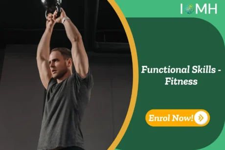 Man lifting a kettlebell in a gym; banner promotes Functional Skills - Fitness course.