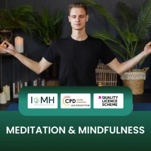Meditation and Mindfulness training banner with person in serene indoor setting surrounded by candles and plants promoting relaxation and wellbeing.