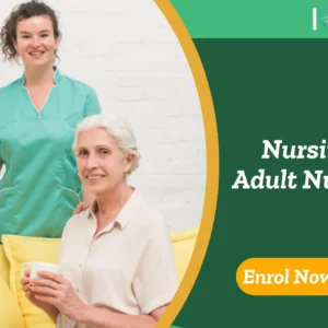 Adult nursing professional supports seated individual in relaxed setting; promotional banner highlights UK-based Adult Nursing training by IOMH.