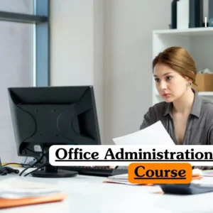 Office Administration course banner with professional working at desk computer surrounded by office supplies.