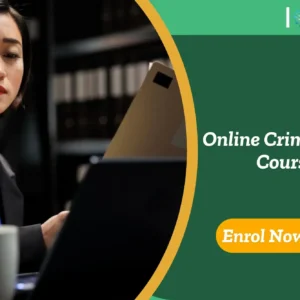 Person studies criminology online in a library-style setting; banner promotes Online Criminology Course.
