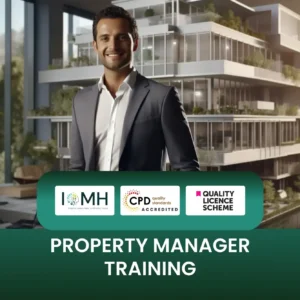 Property Manager Training banner with professional standing in front of modern glass building with greenery.