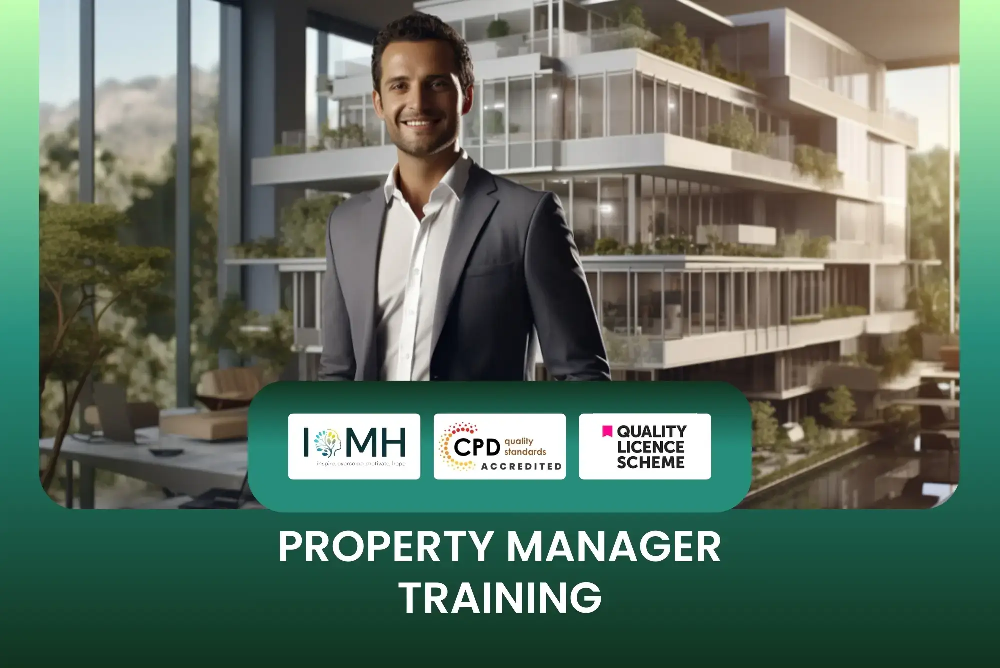 Property Manager Training banner with professional standing in front of modern glass building with greenery.