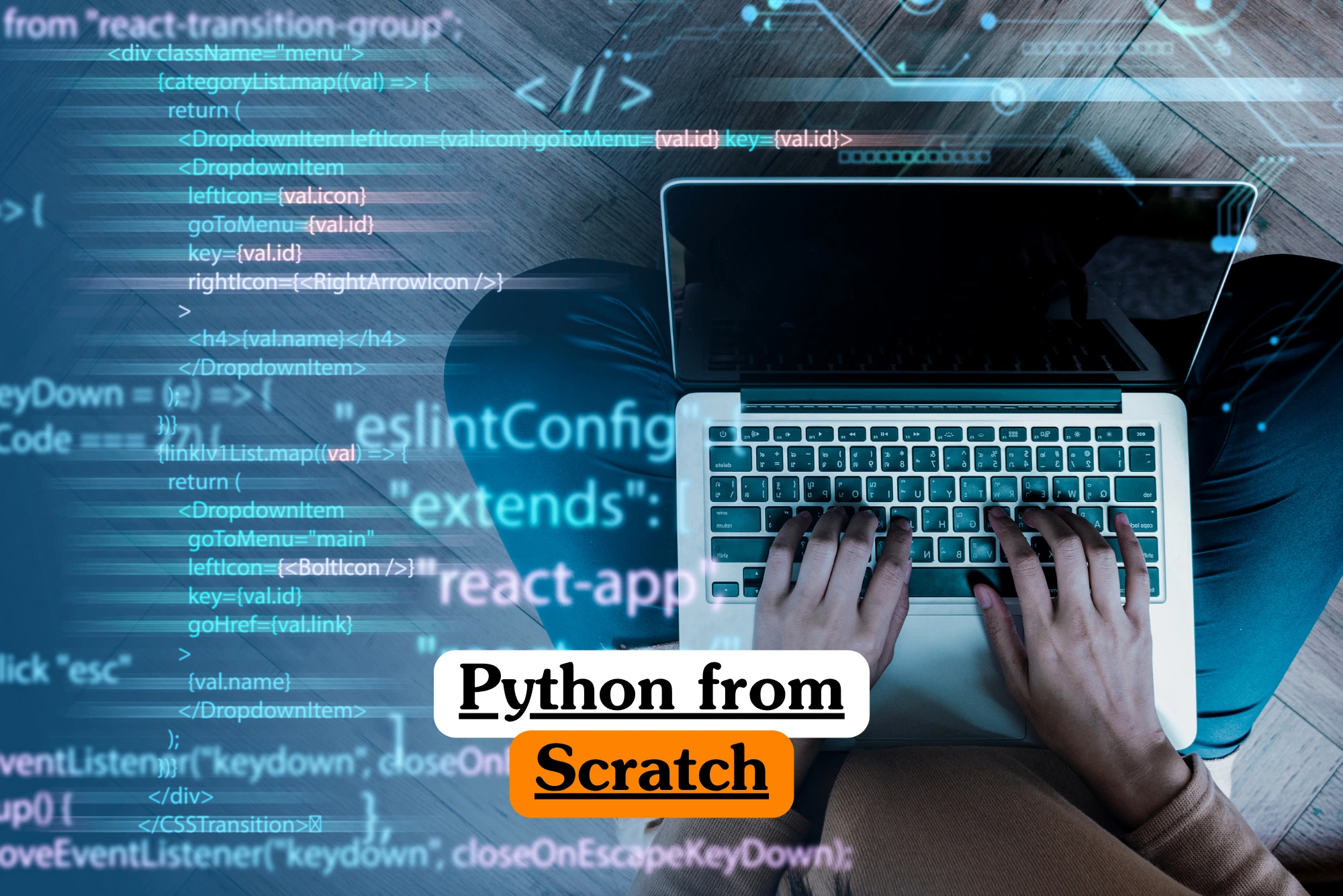 Theoretical computer science and backend software development training banner featuring a top-down perspective of a programmer typing on a silver laptop keyboard resting on their lap.