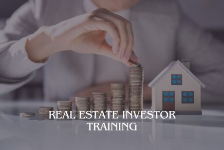 Real Estate Investor Training course banner with person stacking coins beside miniature house symbolizing property investment and financial growth.