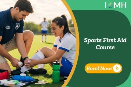 Athletic trainer bandages player’s leg on sports field; banner promotes Sports First Aid Course.