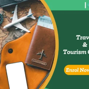 Travel items on world map; banner promotes travel and tourism course.