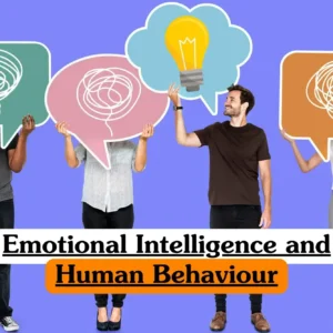 Emotional Intelligence and Human Behaviour course banner with four individuals holding large speech bubbles in front of faces three with abstract scribbles and one with light bulb symbol against purple background.