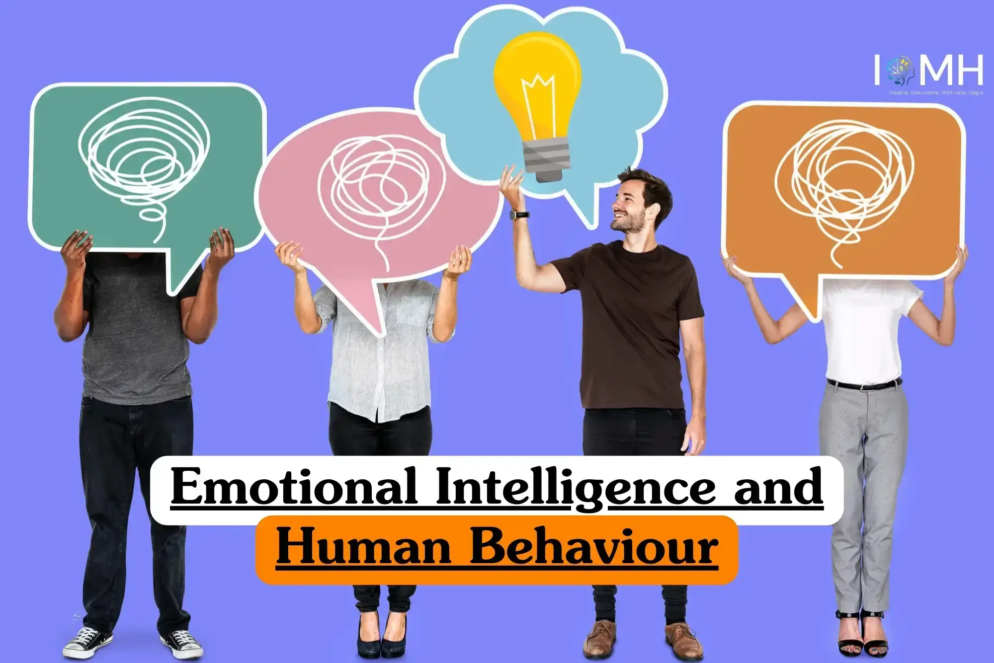 Emotional Intelligence and Human Behaviour course banner with four individuals holding large speech bubbles in front of faces three with abstract scribbles and one with light bulb symbol against purple background.