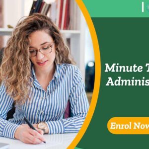 Minute Taking Administrator course banner with professional writing notes at desk with laptop.