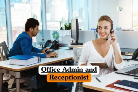 Office Admin and Receptionist course banner with professionals working at desks using computer and tablet in modern office.