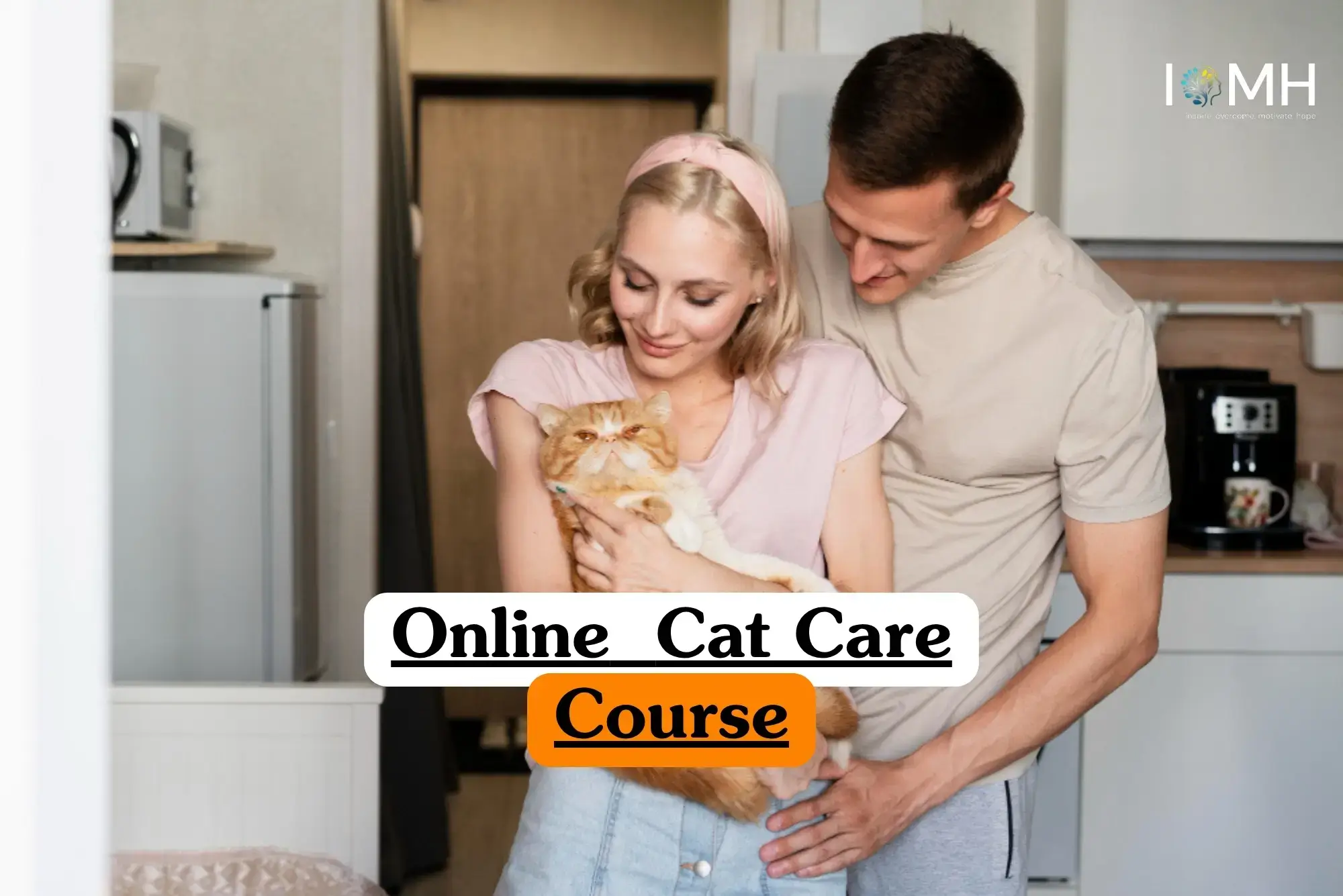 Online Cat Care Course banner with two people holding orange and white cat in home kitchen setting.