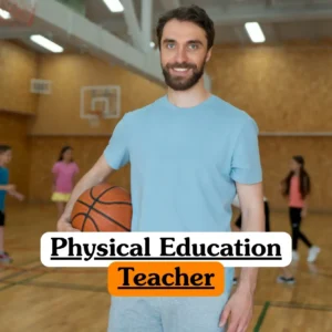 Physical Education Teacher course banner with instructor holding basketball in school gym with children playing.