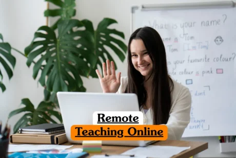 Remote Teaching Online course image showing an interactive virtual classroom setup and digital teaching methods.