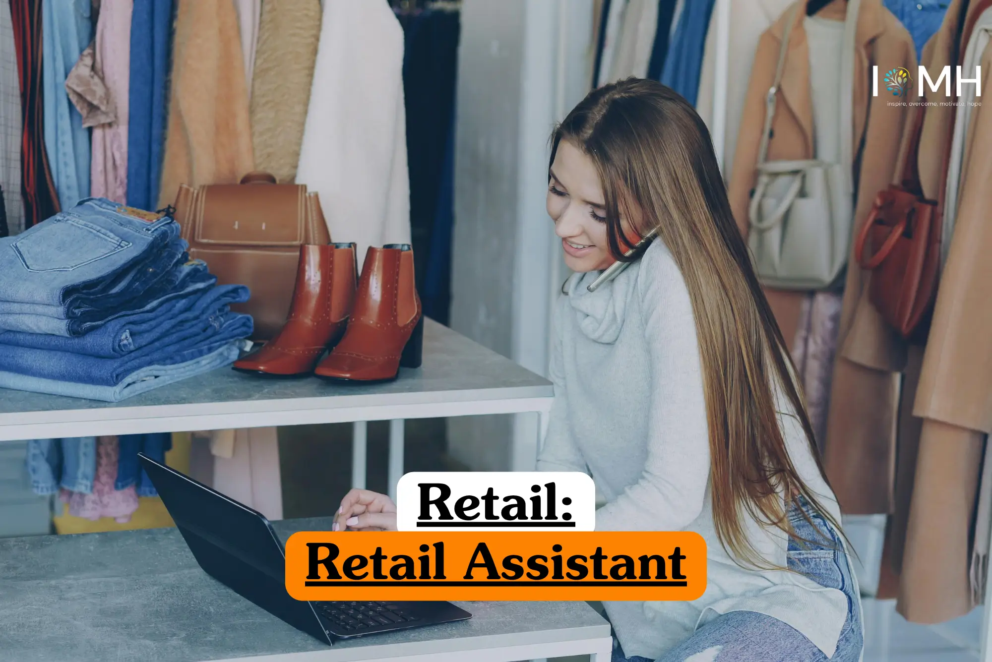 Theoretical commerce and customer service training banner featuring a female retail assistant in a green apron working in a modern clothing boutique.