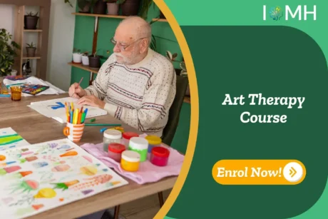 An elderly individual participates in an expressive art activity with paints and pencils in a warm indoor setting; the banner promotes the Art Therapy Course.