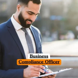 Business Compliance Officer course banner with professional in dark blue suit white shirt and grey tie holding clipboard and pen outdoors with blurred background structures.
