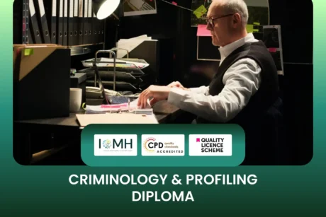 Criminology and Profiling Diploma banner with professional working at desk with files, laptop.