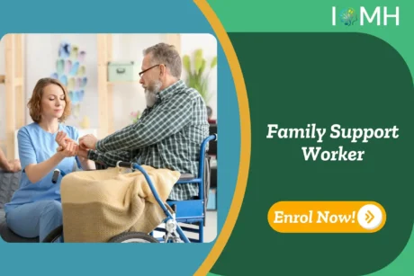 Caregiver supports elderly man in wheelchair; banner promotes Family Support Worker course.