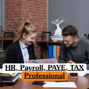 HR Payroll PAYE Tax Professional course banner with two colleagues reviewing documents at office desk with brick wall shelves.