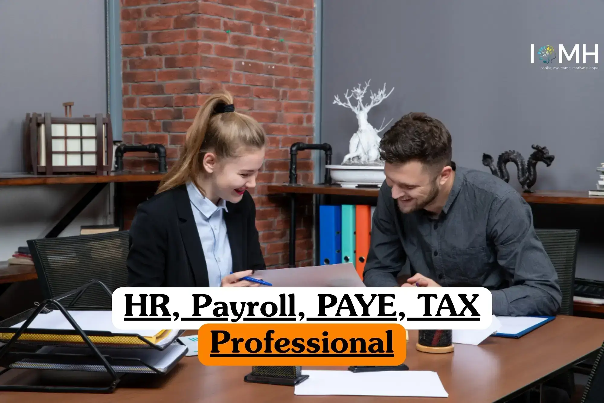 HR Payroll PAYE Tax Professional course banner with two colleagues reviewing documents at office desk with brick wall shelves.