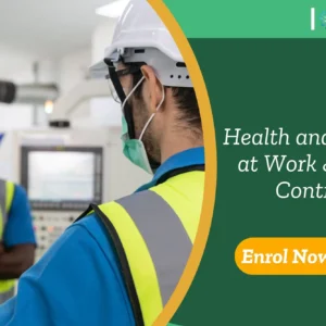 Industrial workers in PPE near machinery; promotional banner highlights UK-based Health and Safety at Work & Risk Control training.