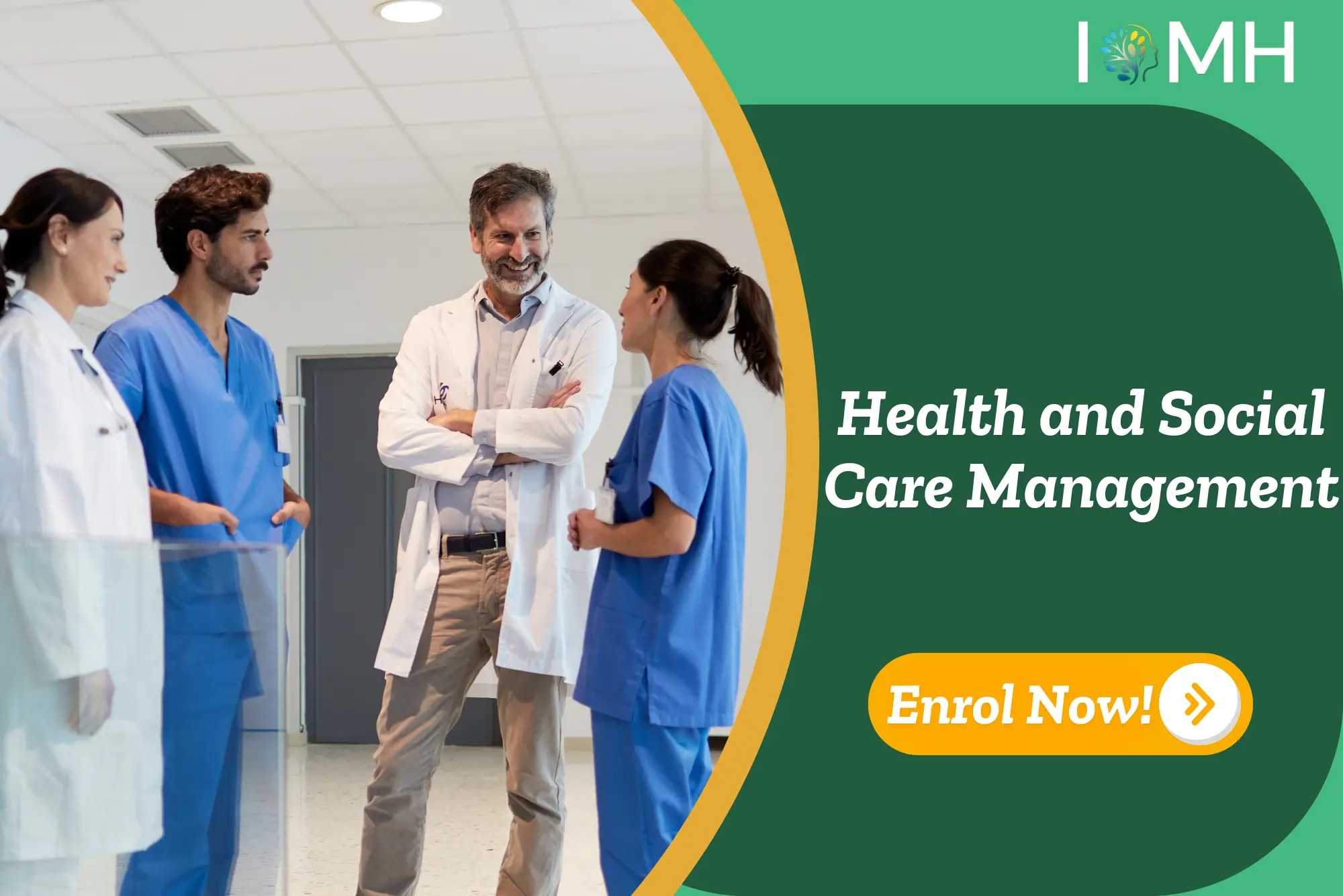 Healthcare professionals discussing health and social care management – enrol now for training course