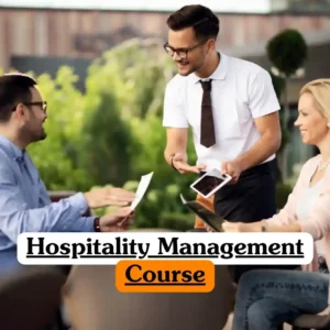 Hospitality Management Course banner with server in white shirt and dark tie holding tablet interacting with two seated individuals reviewing menus at outdoor café table surrounded by greenery and blurred architectural background professional customer service training setting.