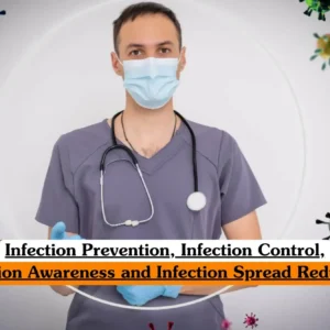 Infection Prevention Infection Control Infection Awareness and Infection Spread Reduction course banner with healthcare professional in grey scrubs medical mask and stethoscope against background of colorful virus illustrations.