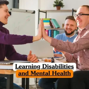 Learning Disabilities and Mental Health course banner with three individuals in bright office classroom two giving high five at desk with laptops papers and whiteboard with colorful marker lines while third smiles in background shelves with books folders.