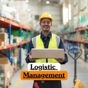 Theoretical supply chain and operations management training banner featuring a large, modern logistics warehouse and distribution center.