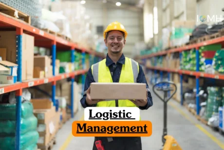 Theoretical supply chain and operations management training banner featuring a large, modern logistics warehouse and distribution center.