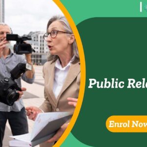 Public Relations course banner with professionals filming and interviewing outdoors in urban setting.