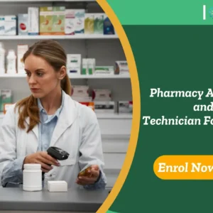 Pharmacy worker scans medication bottle; banner promotes Pharmacy Assistant and Technician Foundation course.