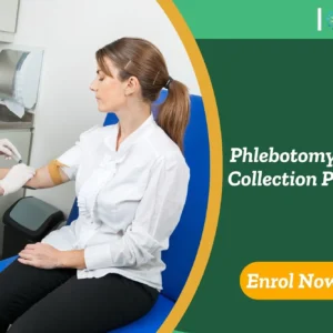Clinical blood collection procedure performed in medical setting; promotional banner highlights UK-based Phlebotomy & Blood Collection training by IOMH.