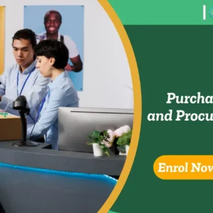 Professionals handling inventory and logistics in office setting; promotional banner highlights UK-based Purchasing and Procurement training.