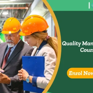Two professionals in safety helmets review tablet in industrial setting; banner promotes Quality Management Course.