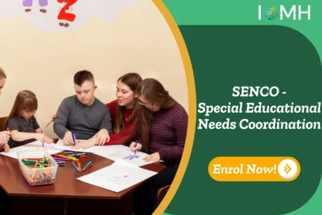 Children and adults doing creative activities; banner promotes SENCO - Special Educational Needs Coordination course.