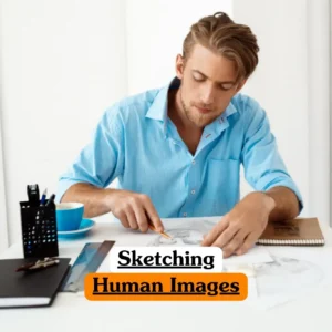 Sketching Human Images course banner with artist in light blue shirt drawing human portrait on paper at white desk with notebook ruler pen holder blue cup and saucer in minimalistic workspace.