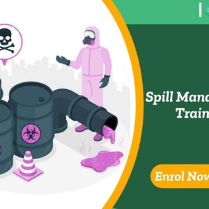 Hazmat worker near toxic spill; banner promotes IOMH Spill Management Training.
